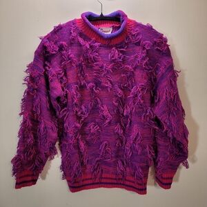 Vintage Grand Knitwear Space Dye Neon Pink Purple Fringe Patch Sweater - Size M